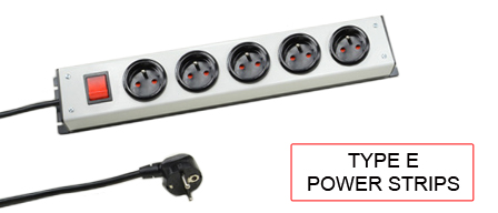 TYPE E Power strips are used in the following Countries:
<br>
Primary Country known for using TYPE E power strips is Belgium, France, Poland, Slovakia.

<br>Additional Countries that use TYPE E power strips are 
Algeria, Benin, Burundi, Cameroon, Central African Republic, Comoros, Congo - Democratic Republic, Congo - Republic of the, Czech Republic, Djibouti, Equatorial Guinea, Ethiopia, French Guiana, French Polynesia, Gabon, Guadeloupe, Ivory Coast, Madagascar, Mali - Republic of, Martinique, Monaco, Mongolia, Morocco, Reunion, Senegal, Somalia, Syria, Togo, Tunisia.

<br><font color="yellow">*</font> Additional Type E Electrical Devices:

<br><font color="yellow">*</font> <a href="https://internationalconfig.com/icc6.asp?item=TYPE-E-PLUGS" style="text-decoration: none">Type E Plugs</a> 

<br><font color="yellow">*</font> <a href="https://internationalconfig.com/icc6.asp?item=TYPE-E-CONNECTORS" style="text-decoration: none">Type E Connectors</a> 

<br><font color="yellow">*</font> <a href="https://internationalconfig.com/icc6.asp?item=TYPE-E-OUTLETS" style="text-decoration: none">Type E Outlets</a> 

<br><font color="yellow">*</font> <a href="https://internationalconfig.com/icc6.asp?item=TYPE-E-POWER-CORDS" style="text-decoration: none">Type E Power Cords</a>

<br><font color="yellow">*</font> <a href="https://internationalconfig.com/icc6.asp?item=TYPE-E-ADAPTERS" style="text-decoration: none">Type E Adapters</a>

<br><font color="yellow">*</font> <a href="https://internationalconfig.com/worldwide-electrical-devices-selector-and-electrical-configuration-chart.asp" style="text-decoration: none">Worldwide Selector. View all Countries by TYPE.</a>

<br>View examples of TYPE E power strips below.